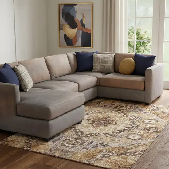 Copper Beige And Gray Diamond Washable Area Rug With UV Protection Photo 2