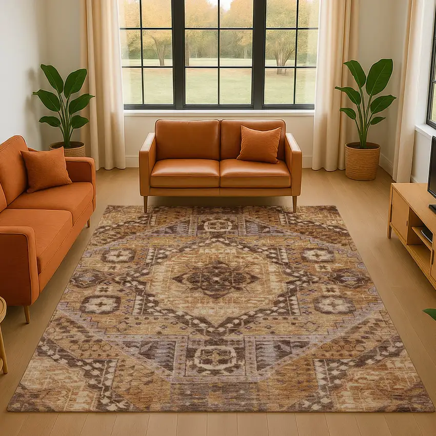 Copper Beige And Gray Diamond Washable Area Rug With UV Protection Photo 5