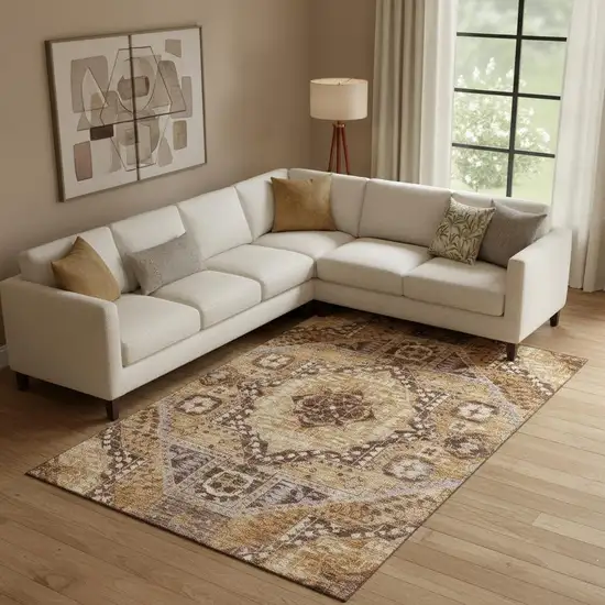 Copper Beige And Gray Diamond Washable Area Rug With UV Protection Photo 2