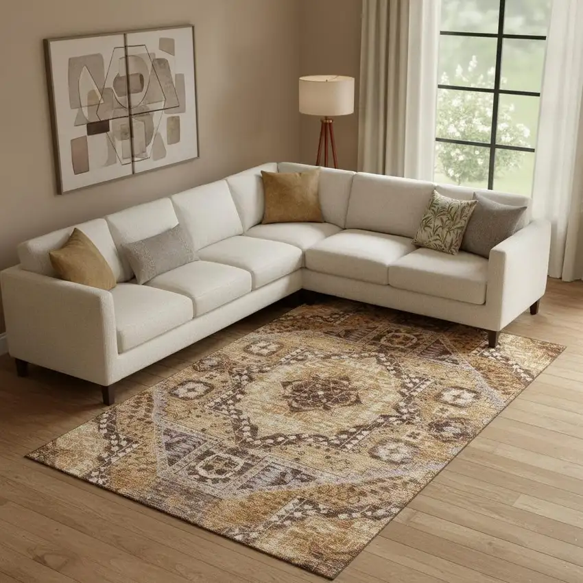 Copper Beige And Gray Diamond Washable Area Rug With UV Protection Photo 2