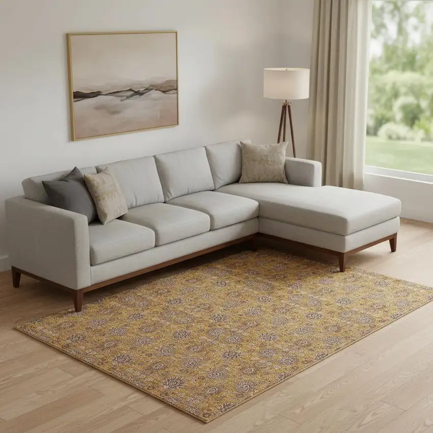 Copper Beige And Gray Floral Washable Area Rug With UV Protection Photo 3