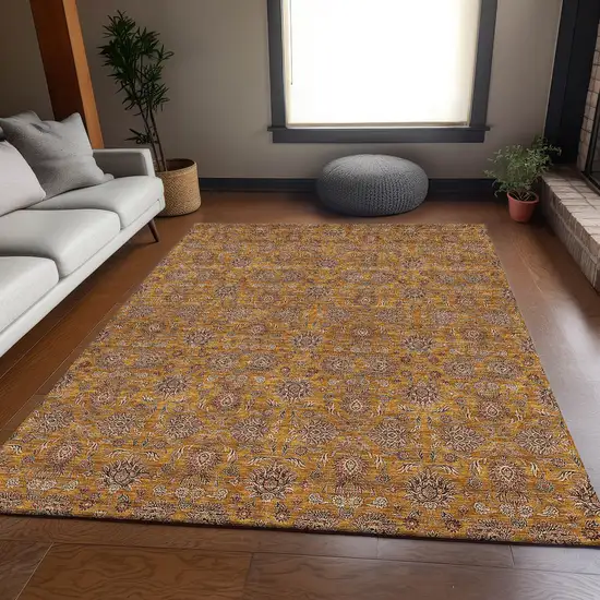 Copper Beige And Gray Floral Washable Area Rug With UV Protection Photo 4