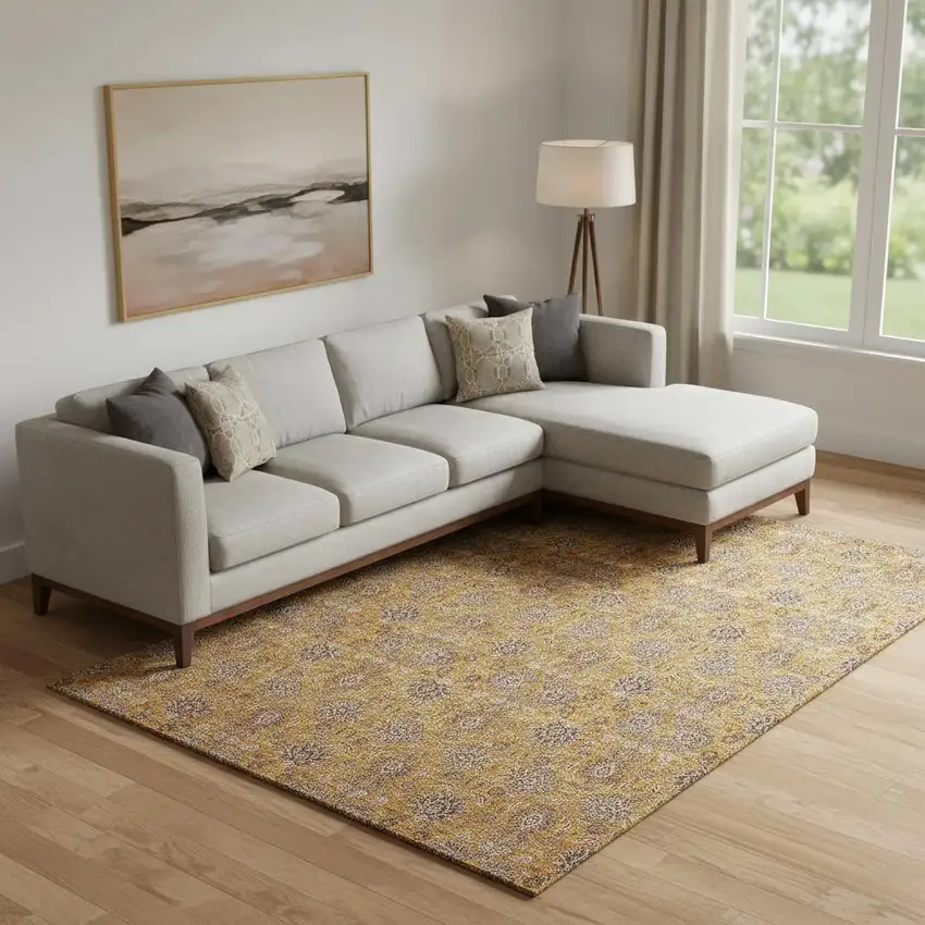 Copper Beige And Gray Floral Washable Area Rug With UV Protection Photo 1