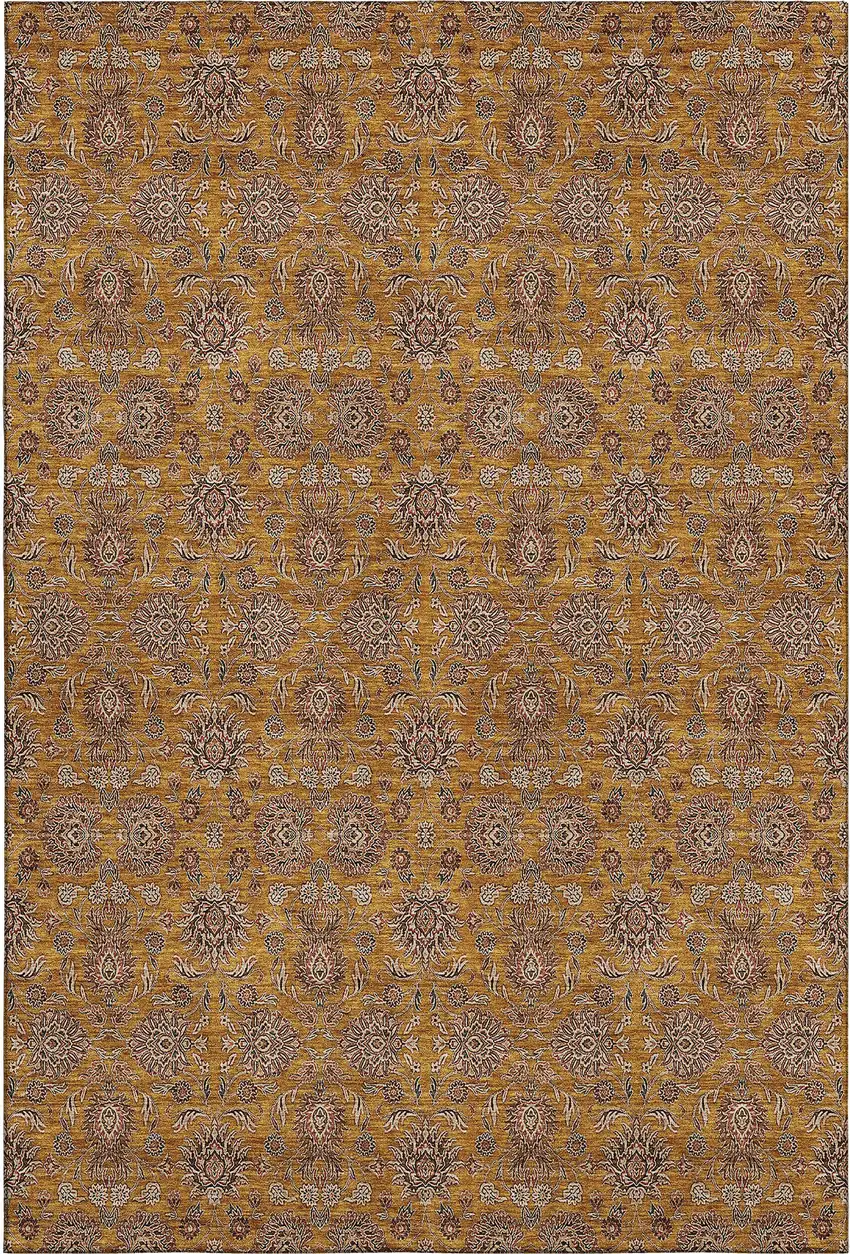 Copper Beige And Gray Floral Washable Area Rug With UV Protection Photo 1