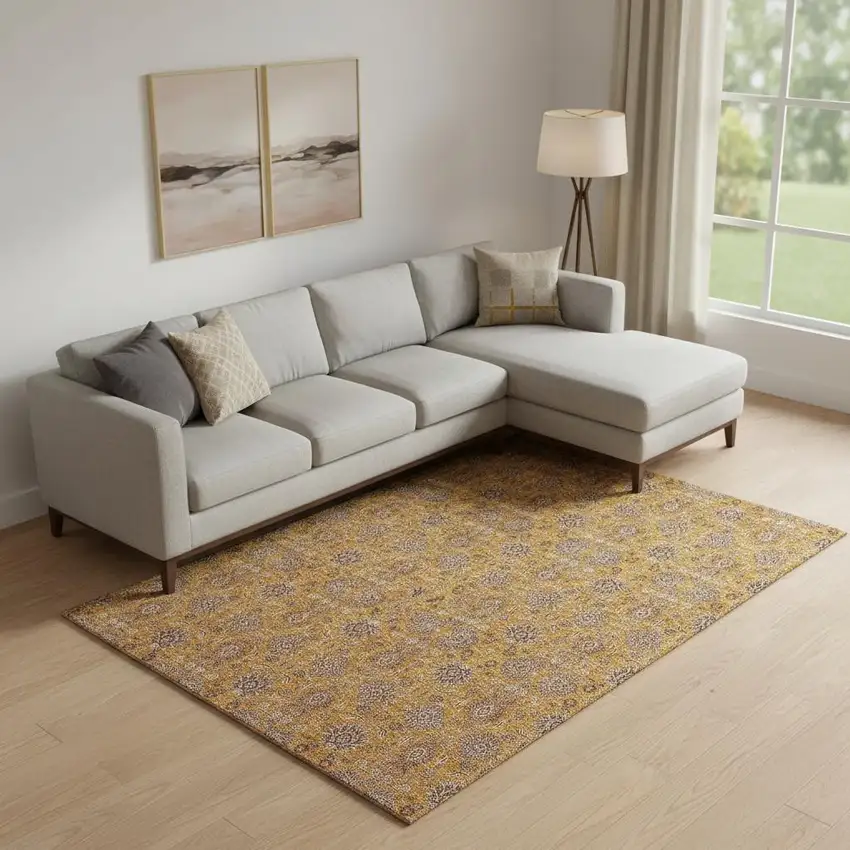 Copper Beige And Gray Floral Washable Area Rug With UV Protection Photo 1