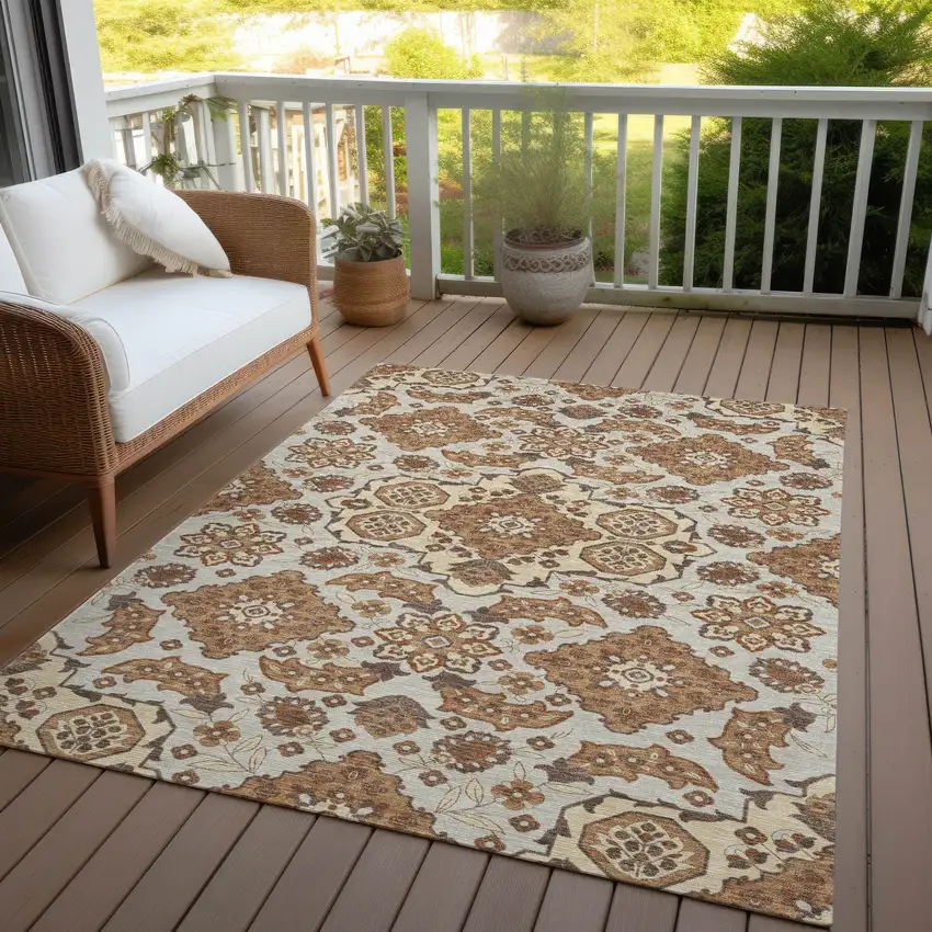 Copper Beige And Gray Medallion Washable Indoor Outdoor Area Rug Photo 5