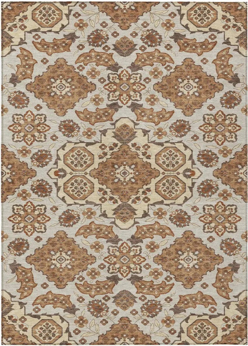 Copper Beige And Gray Medallion Washable Indoor Outdoor Area Rug Photo 1