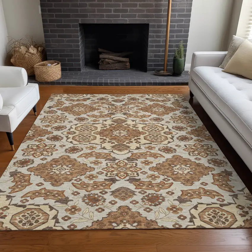 Copper Beige And Gray Medallion Washable Indoor Outdoor Area Rug Photo 7