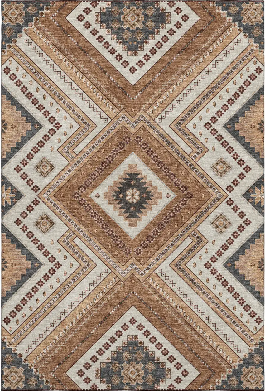 Copper Beige And Gray Tribal Washable Area Rug With UV Protection Photo 1