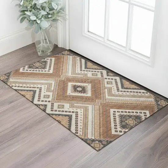 Copper Beige And Gray Tribal Washable Area Rug With UV Protection Photo 2