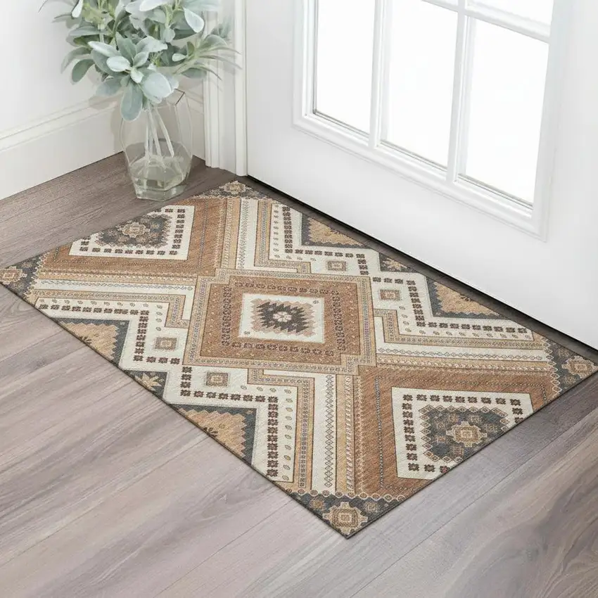 Copper Beige And Gray Tribal Washable Area Rug With UV Protection Photo 2