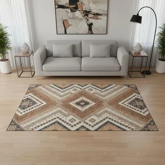 Copper Beige And Gray Tribal Washable Area Rug With UV Protection Photo 2
