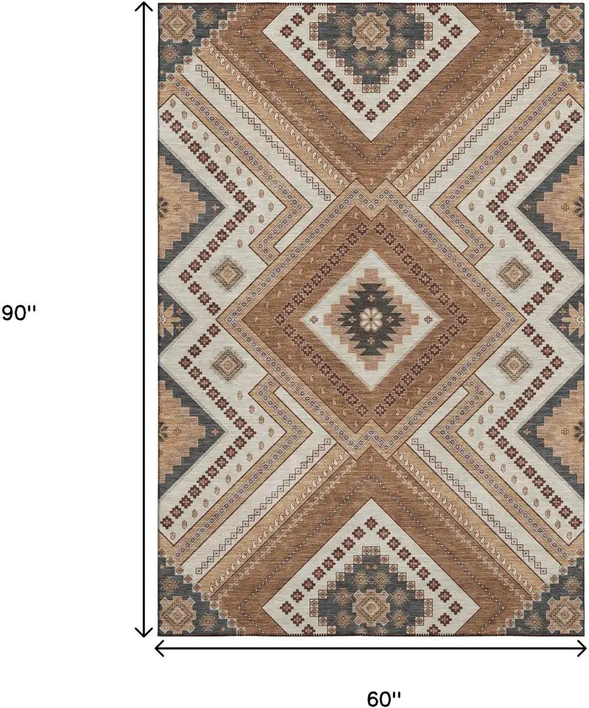 Copper Beige And Gray Tribal Washable Area Rug With UV Protection Photo 8