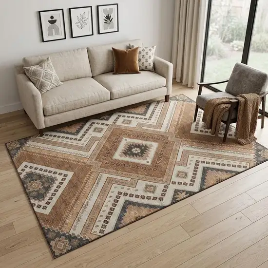 Copper Beige And Gray Tribal Washable Area Rug With UV Protection Photo 1