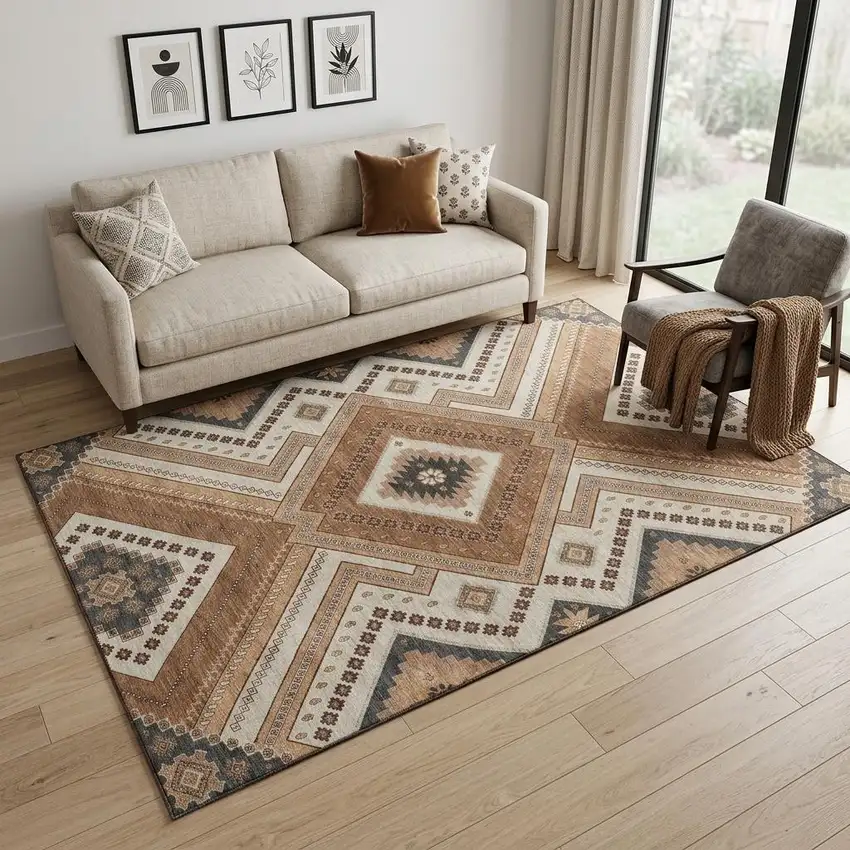 Copper Beige And Gray Tribal Washable Area Rug With UV Protection Photo 1