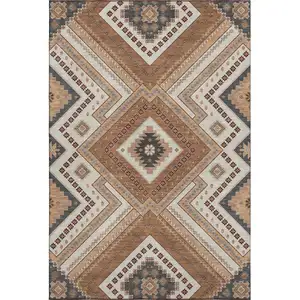 Photo of Copper Beige And Gray Tribal Washable Area Rug With UV Protection
