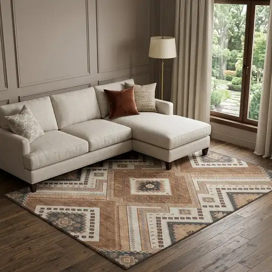 Copper Beige And Gray Tribal Washable Area Rug With UV Protection Photo 1