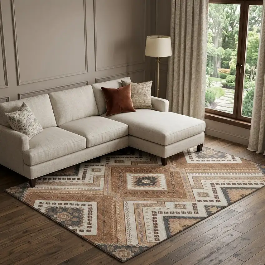 Copper Beige And Gray Tribal Washable Area Rug With UV Protection Photo 1