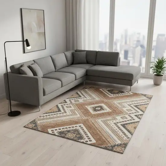 Copper Beige And Gray Tribal Washable Area Rug With UV Protection Photo 2