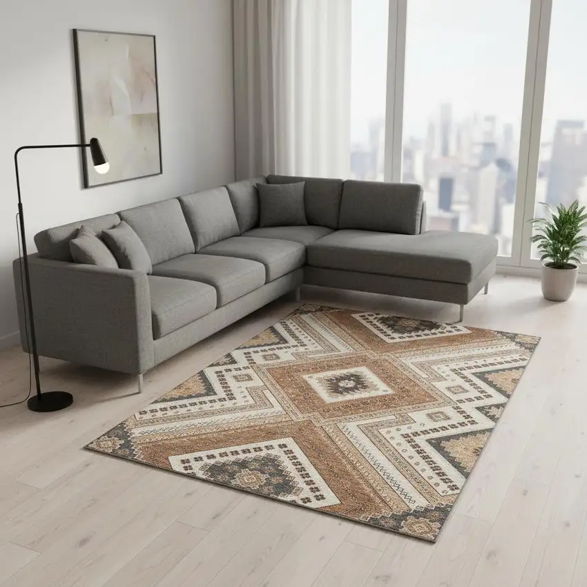 Copper Beige And Gray Tribal Washable Area Rug With UV Protection Photo 2