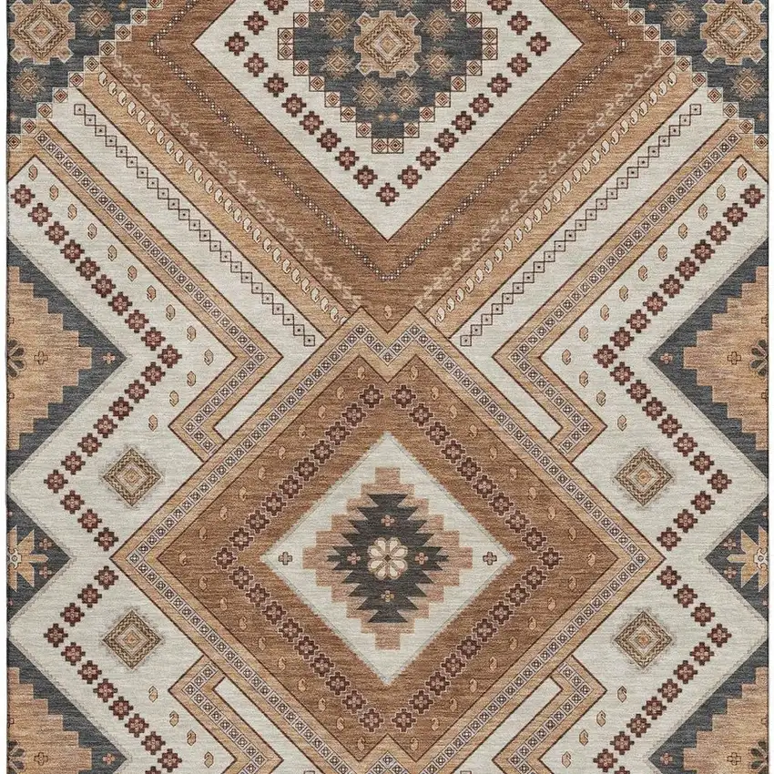 Copper Beige And Gray Tribal Washable Area Rug With UV Protection Photo 3