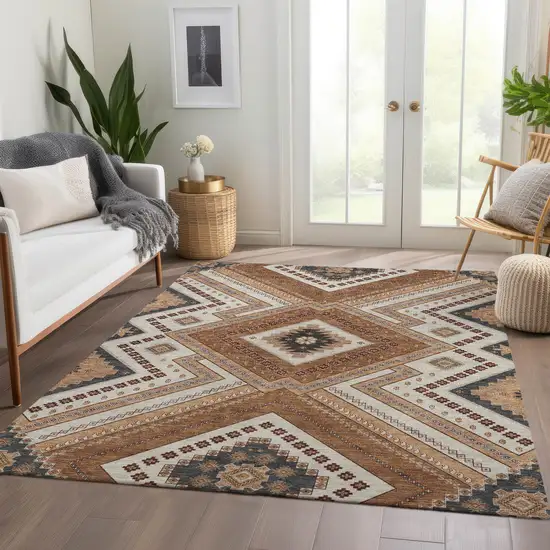 Copper Beige And Gray Tribal Washable Area Rug With UV Protection Photo 5