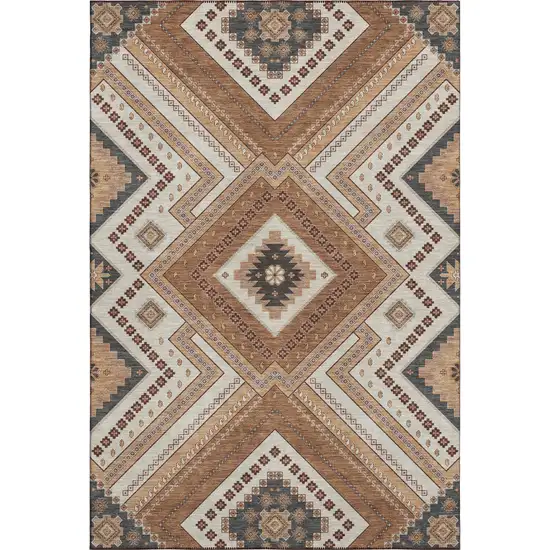 Copper Beige And Gray Tribal Washable Area Rug With UV Protection Photo 1