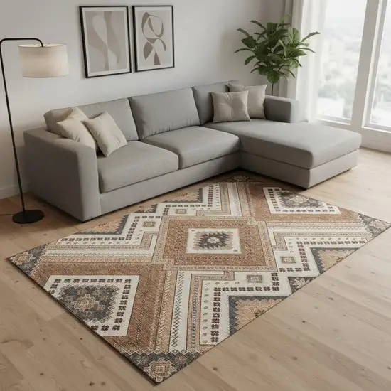 Copper Beige And Gray Tribal Washable Area Rug With UV Protection Photo 2