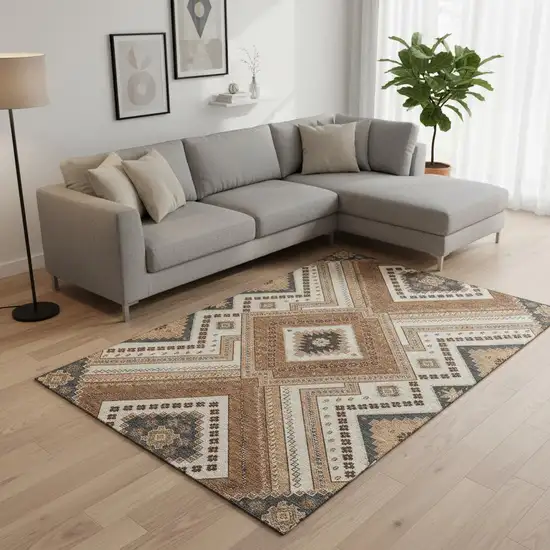 Copper Beige And Gray Tribal Washable Area Rug With UV Protection Photo 2