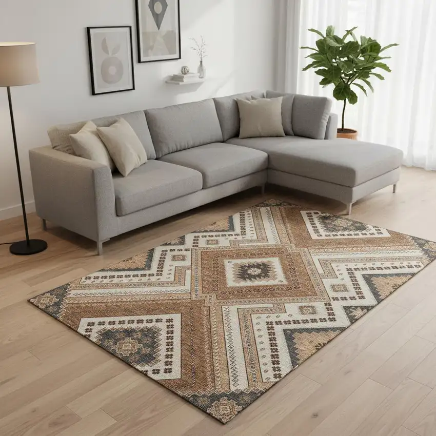 Copper Beige And Gray Tribal Washable Area Rug With UV Protection Photo 2