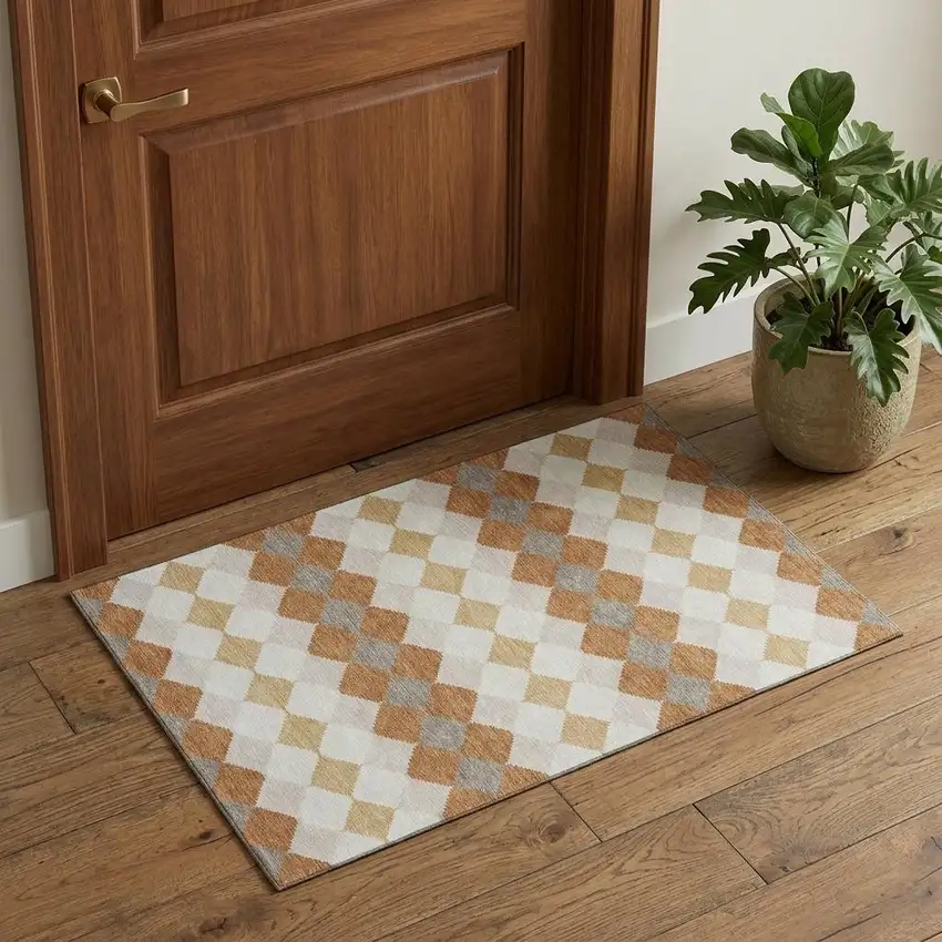 Copper Beige And Ivory Geometric Washable Area Rug With UV Protection Photo 1