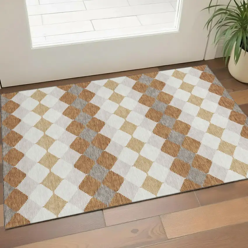 Copper Beige And Ivory Geometric Washable Area Rug With UV Protection Photo 1