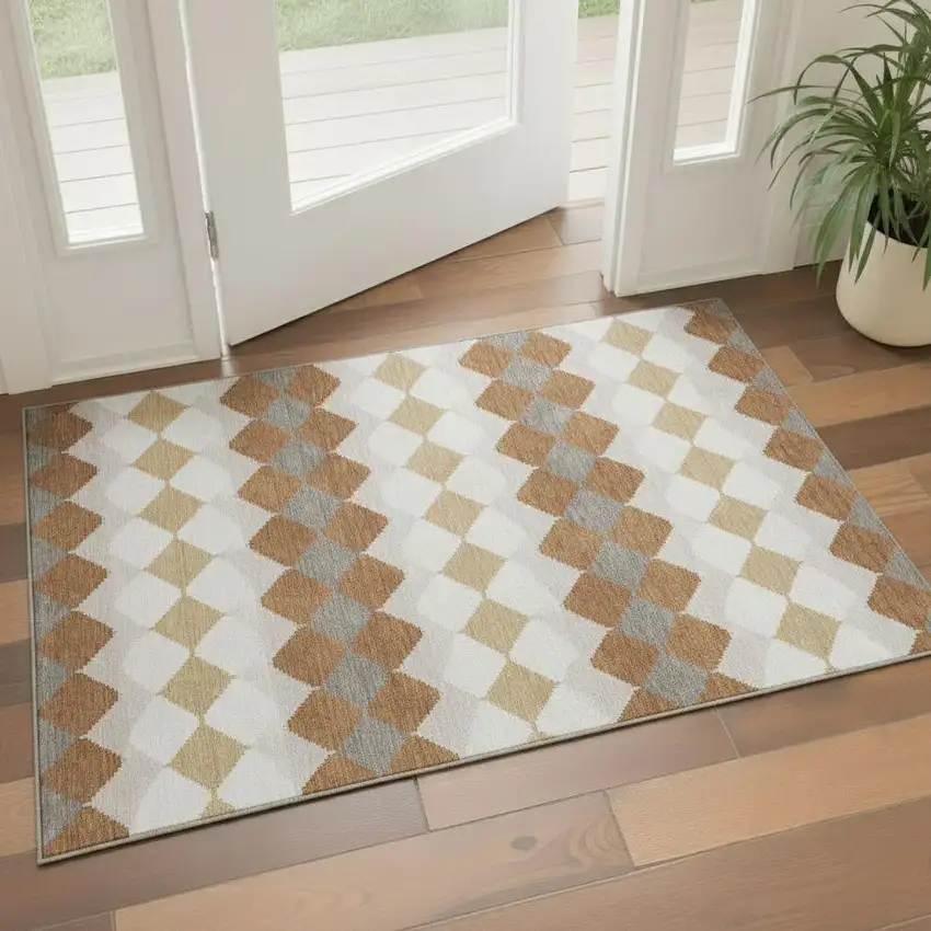 Copper Beige And Ivory Geometric Washable Area Rug With UV Protection Photo 2
