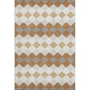 Photo of Copper Beige And Ivory Geometric Washable Area Rug With UV Protection