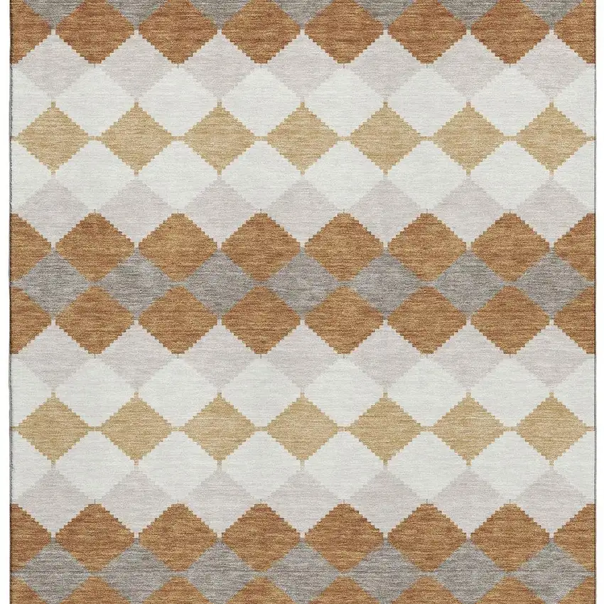 Copper Beige And Ivory Geometric Washable Area Rug With UV Protection Photo 2