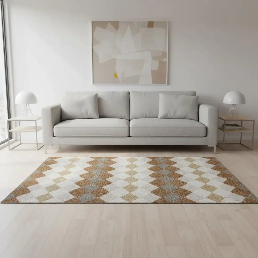 Copper Beige And Ivory Geometric Washable Area Rug With UV Protection Photo 2