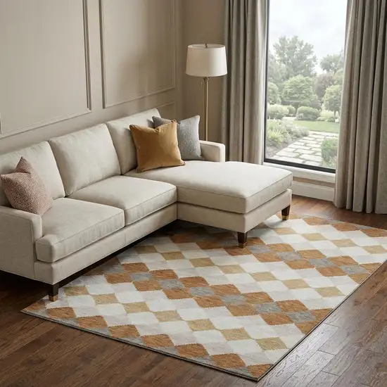 Copper Beige And Ivory Geometric Washable Area Rug With UV Protection Photo 1