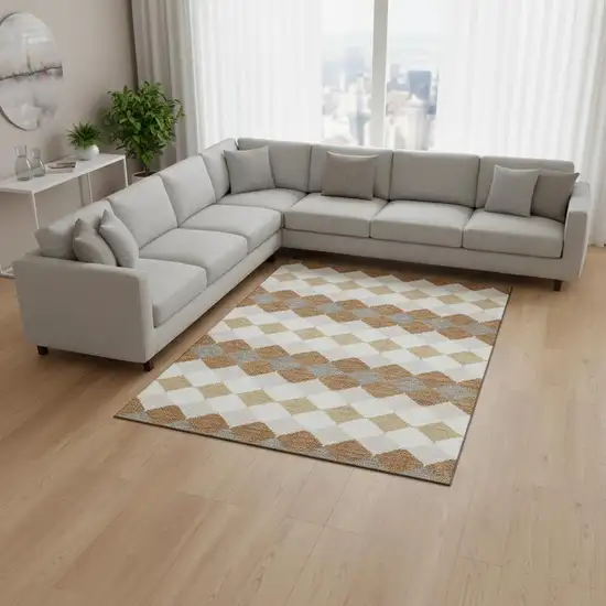 Copper Beige And Ivory Geometric Washable Area Rug With UV Protection Photo 2