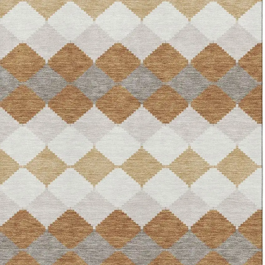 Copper Beige And Ivory Geometric Washable Area Rug With UV Protection Photo 2
