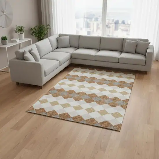 Copper Beige And Ivory Geometric Washable Area Rug With UV Protection Photo 2