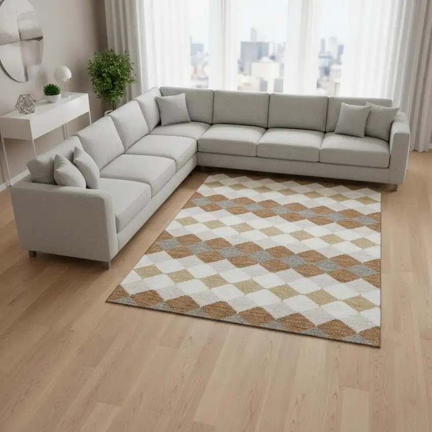 Copper Beige And Ivory Geometric Washable Area Rug With UV Protection Photo 2
