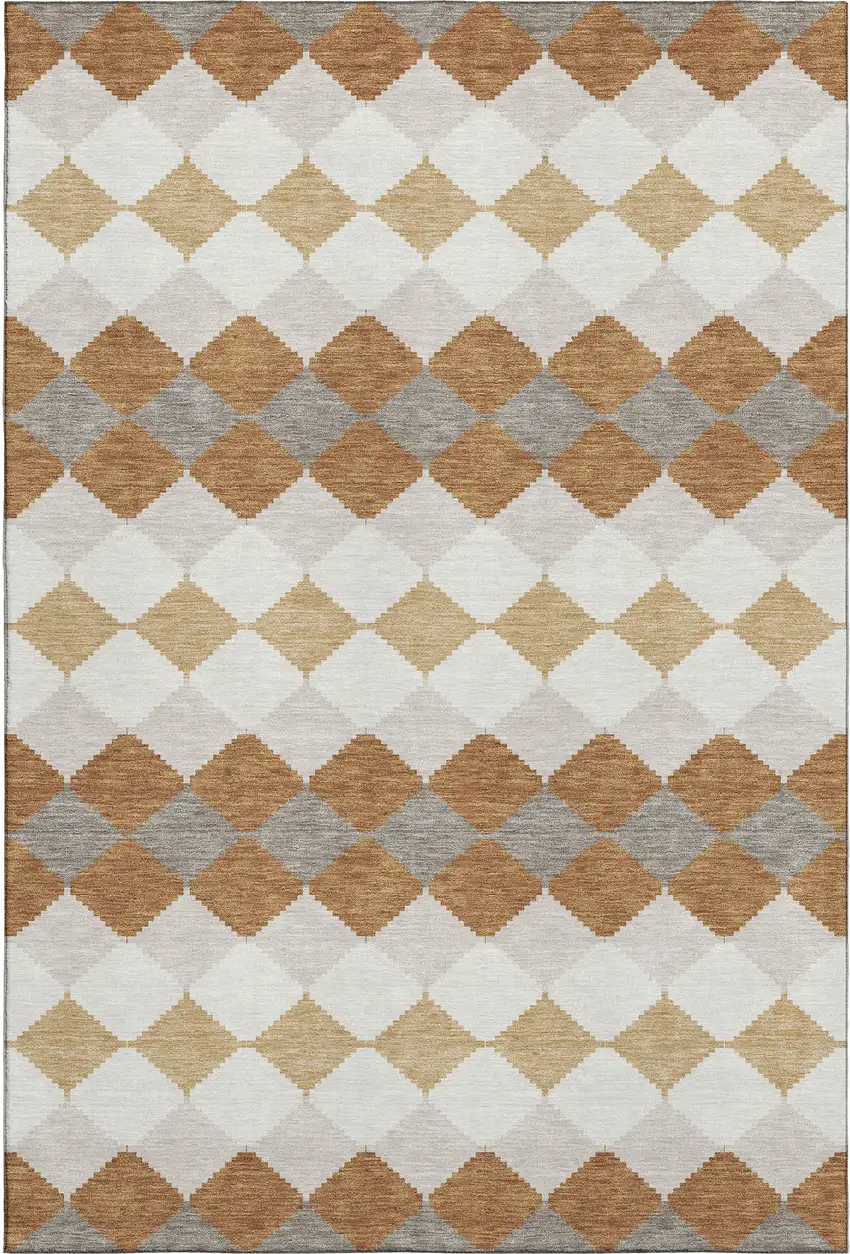 Copper Beige And Ivory Geometric Washable Area Rug With UV Protection Photo 1