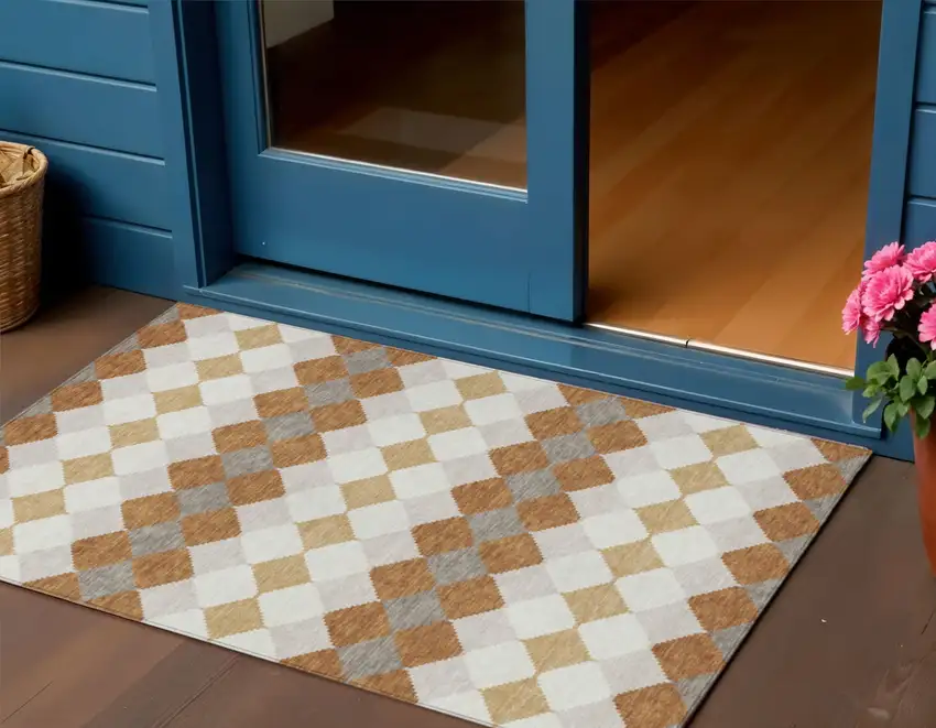 Copper Beige And Ivory Geometric Washable Indoor Outdoor Area Rug Photo 1