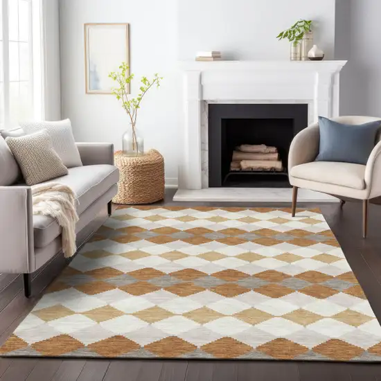 Copper Beige And Ivory Geometric Washable Indoor Outdoor Area Rug Photo 9