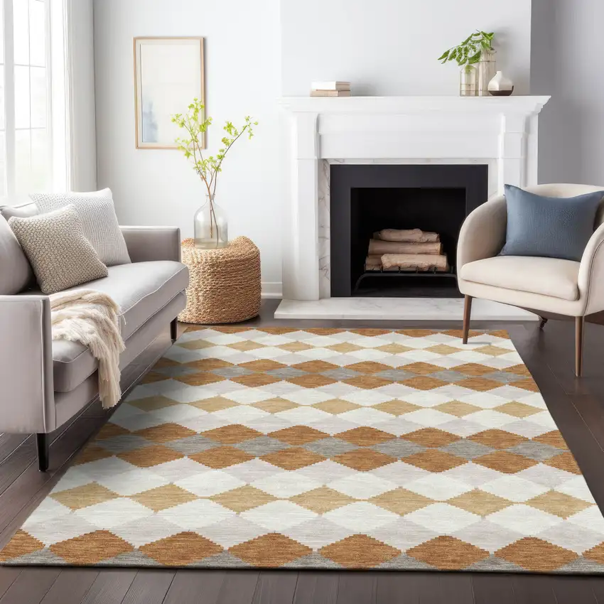 Copper Beige And Ivory Geometric Washable Indoor Outdoor Area Rug Photo 9