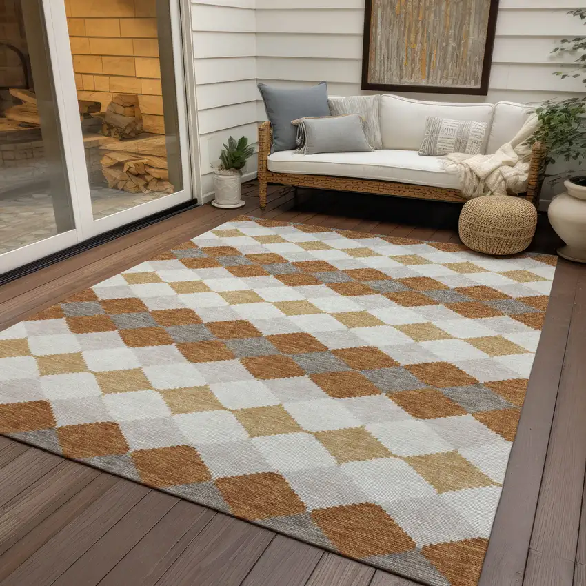 Copper Beige And Ivory Geometric Washable Indoor Outdoor Area Rug Photo 8