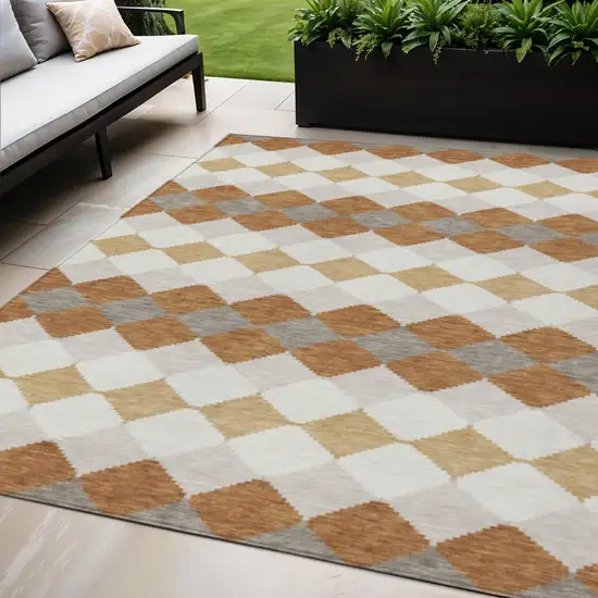Copper Beige And Ivory Geometric Washable Indoor Outdoor Area Rug Photo 1