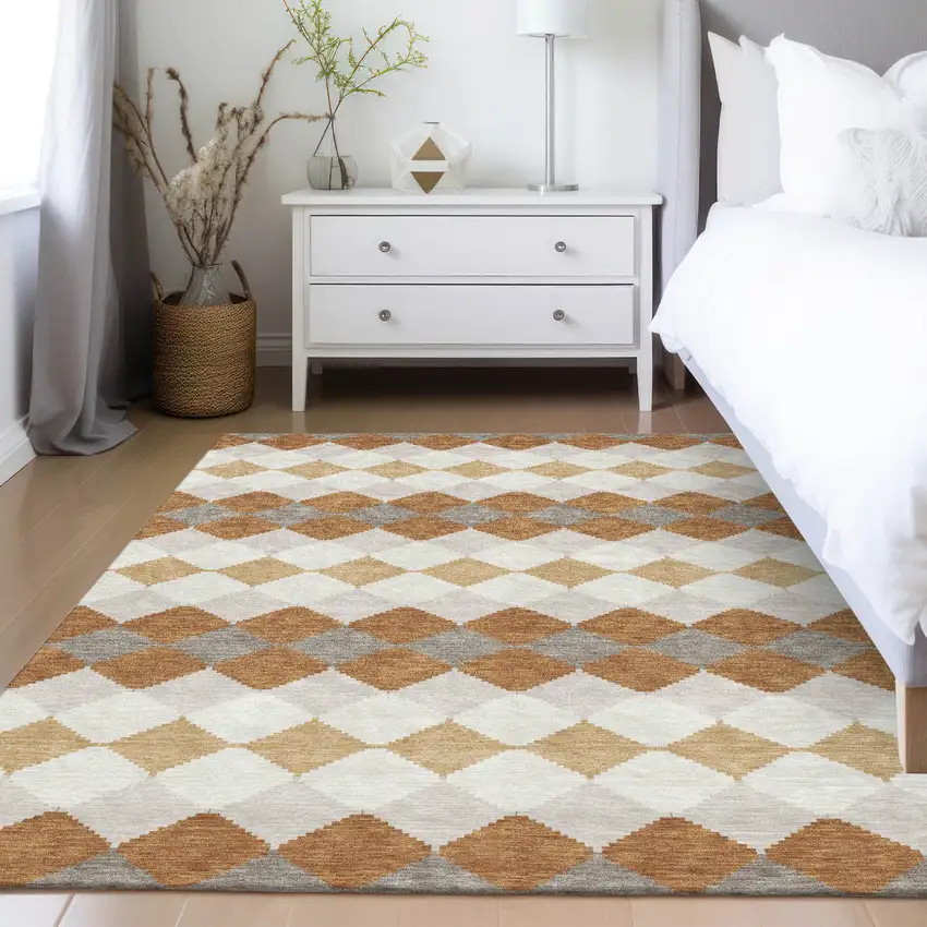Copper Beige And Ivory Geometric Washable Indoor Outdoor Area Rug Photo 9