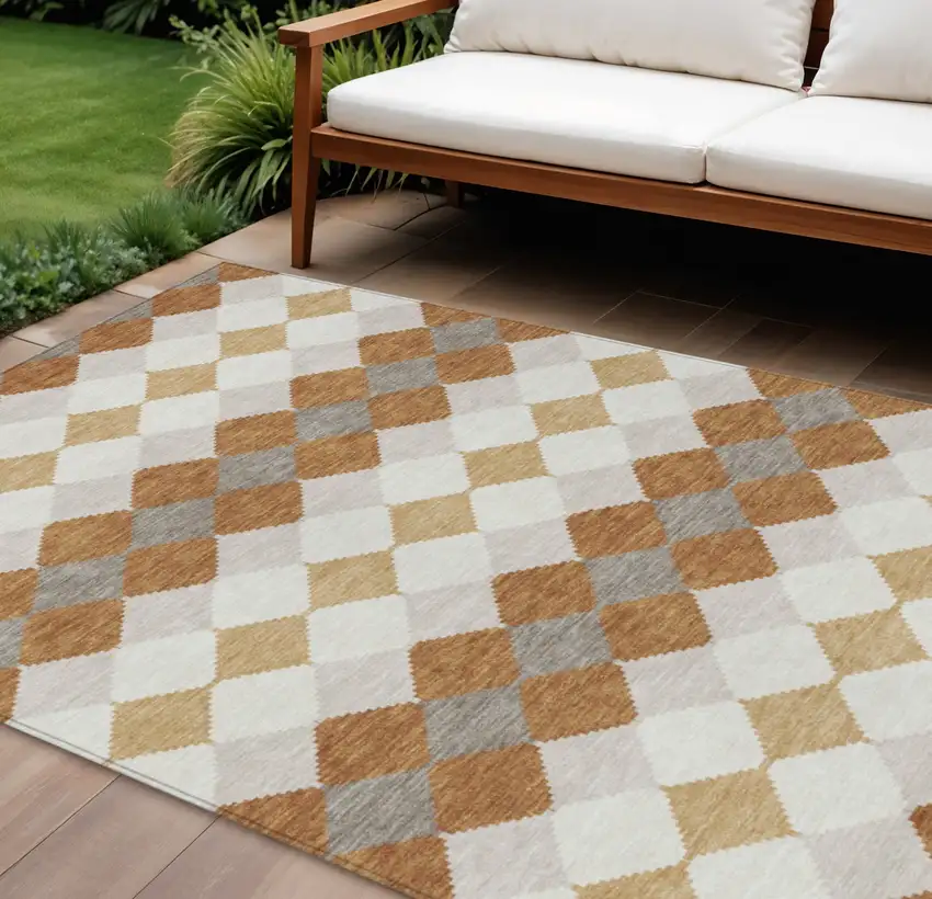Copper Beige And Ivory Geometric Washable Indoor Outdoor Area Rug Photo 1