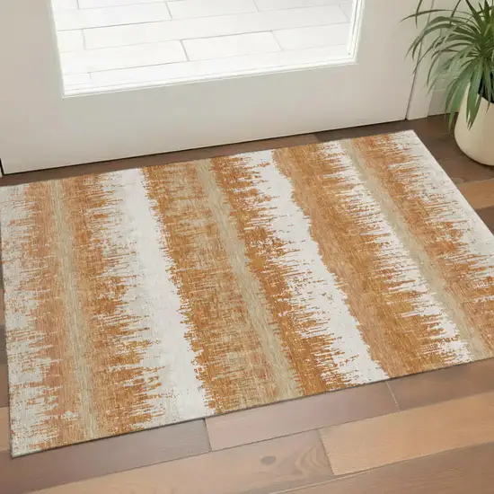 Copper Beige And Ivory Striped Washable Area Rug With UV Protection Photo 1